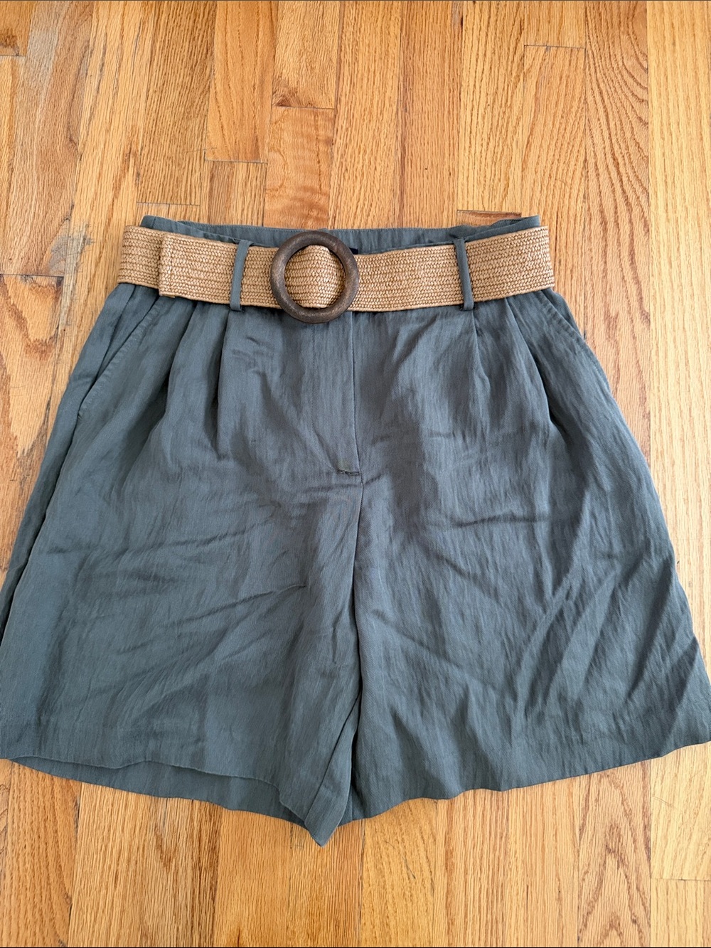 Zara High Waisted Bermuda Shorts Woven Belt Olive Green S